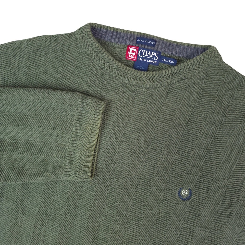 Chaps Ralph Lauren Sweater Mens‎ XXL Olive Green Herringbone Cotton Knit Vintage